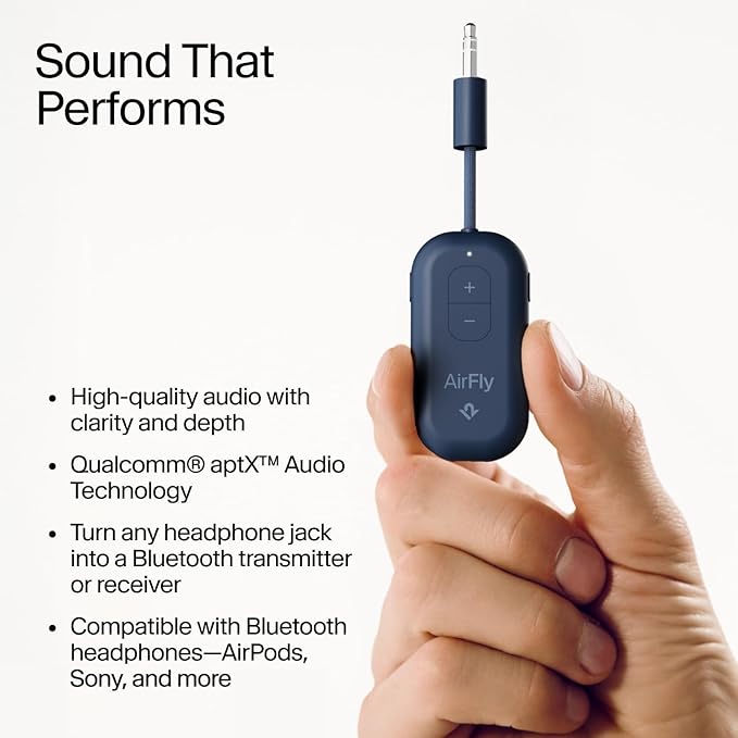 Twelve South AirFly Pro 2 Bluetooth 5.0 Transmitter/Receiver for TV/Airplane to 2 Wireless Headphones – Wireless Adapter for AirPods, Airplane, Car, Gym, Home, Use with Any 3.5 mm Audio Jack, Blue