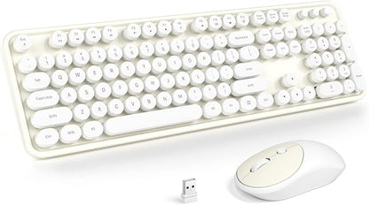 KNOWSQT Wireless Keyboard and Mouse Combo - White-Milky Full-Sized 2.4 GHz 104 Keys Typewriter Cute Keyboard, Round Keycap and Optical Mouse for Windows, Computer, PC, Laptop, Desktop
