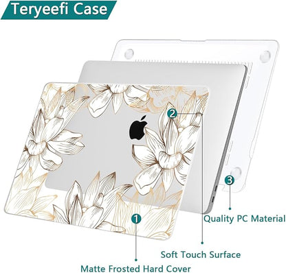 Teryeefi Compatible with MacBook Pro 13 inch Case M2 M1 2024, 2023, 2022-2016（A2251 A2289 A2159 A1989 A1708 A1706 with Touch Bar, Plastic Hard Shell Cover for 13" MacBook Pro, W-Gold Flower Line
