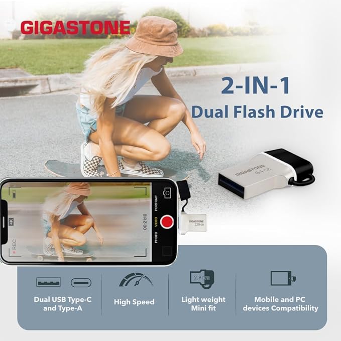 GIGASTONE 128GB Nano Luxus Dual Drive, Z50 USB 3.2 Gen 1, 2-in-1 USB-A & Type-C, 100MB/s Ultra Fast, Cap Design, Metal, Plug & Play for Smartphone/PC/Mac/TV/Car, 2.0/3.0/3.1 Compatible