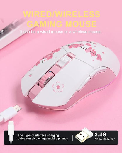 DAREU Sakura Pink Wireless Wired Gaming Mouse, Dual-Mode Rechargeable 6 Programmable Buttons,10K DPI,RGB and 7 Adjustable DPI Levels up to [150IPS] [1000Hz Polling Rate] for PC Notebook Mac