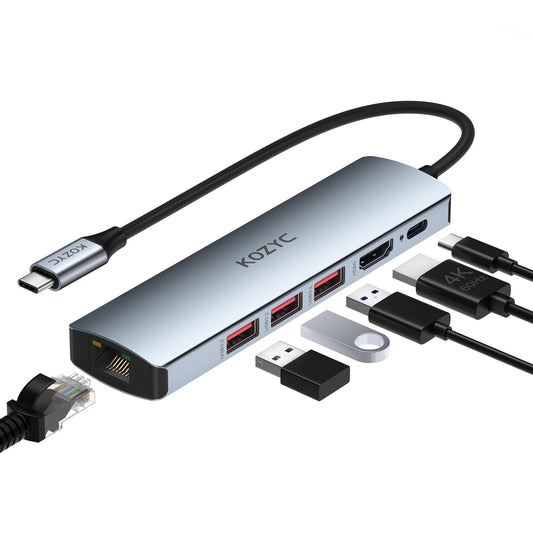 KOZYC USB C Hub Ethernet, 6-in-1 USB C Hub with 10Gbps, HDMI 4K 60Hz, 1Gbps Ethernet, 3xUSB-A 3.2, 100W PD Compatible with MacBook Air/Pro, XPS13/15, Dell