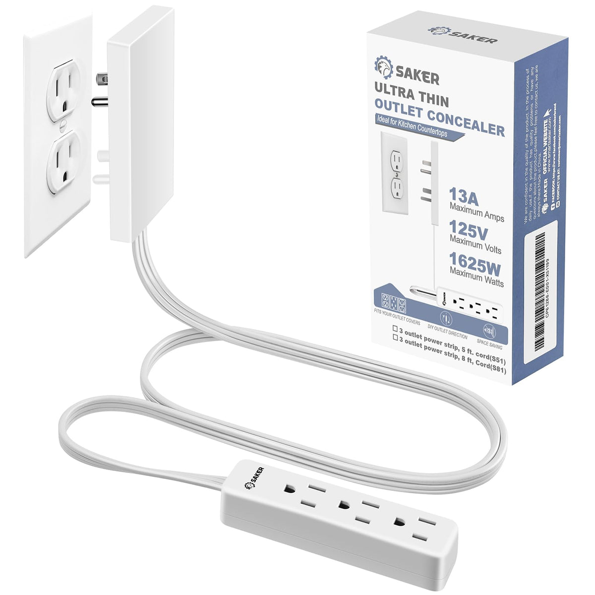 Saker Dual 10ft Flat Extension Cord Outlet Cover, 3 Outlets, White