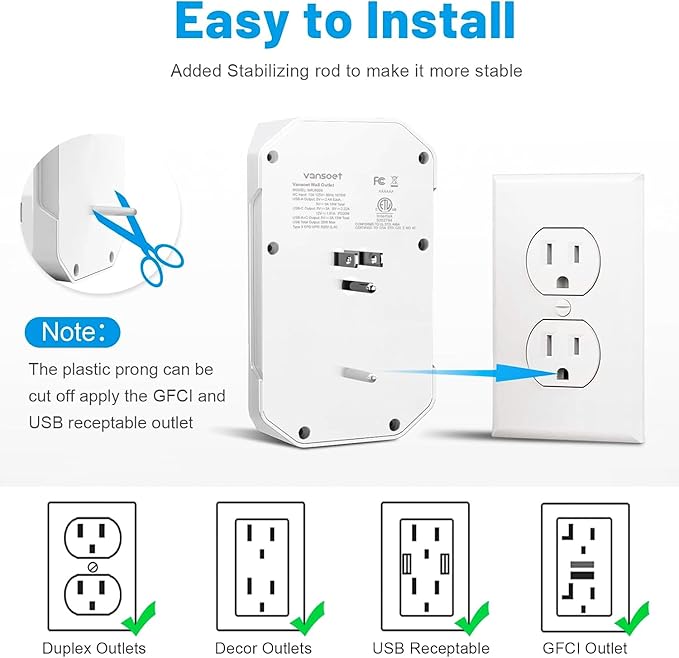 Outlet Extender, Vansoet 6 Outlet Splitter with 4 USB Ports(1 USB C PD 20W), 2100J Surge Protector Power Strip, 3 Side Multi Plug Outlet for Travel, Home, Office, Dorm