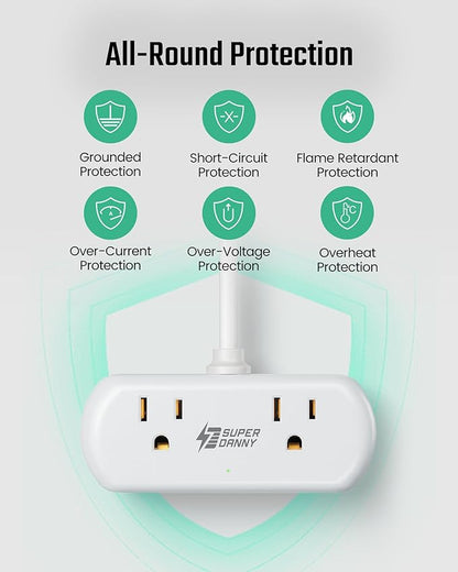 SUPERDANNY Power Strip with USB, 9.8ft Mini Desktop Charging Station with 2 Wide-Spaced Outlets & 4 USB Ports, Portable Flat Plug Extension Cord for Travel, Dorm, Room, Home Office Essentials, White