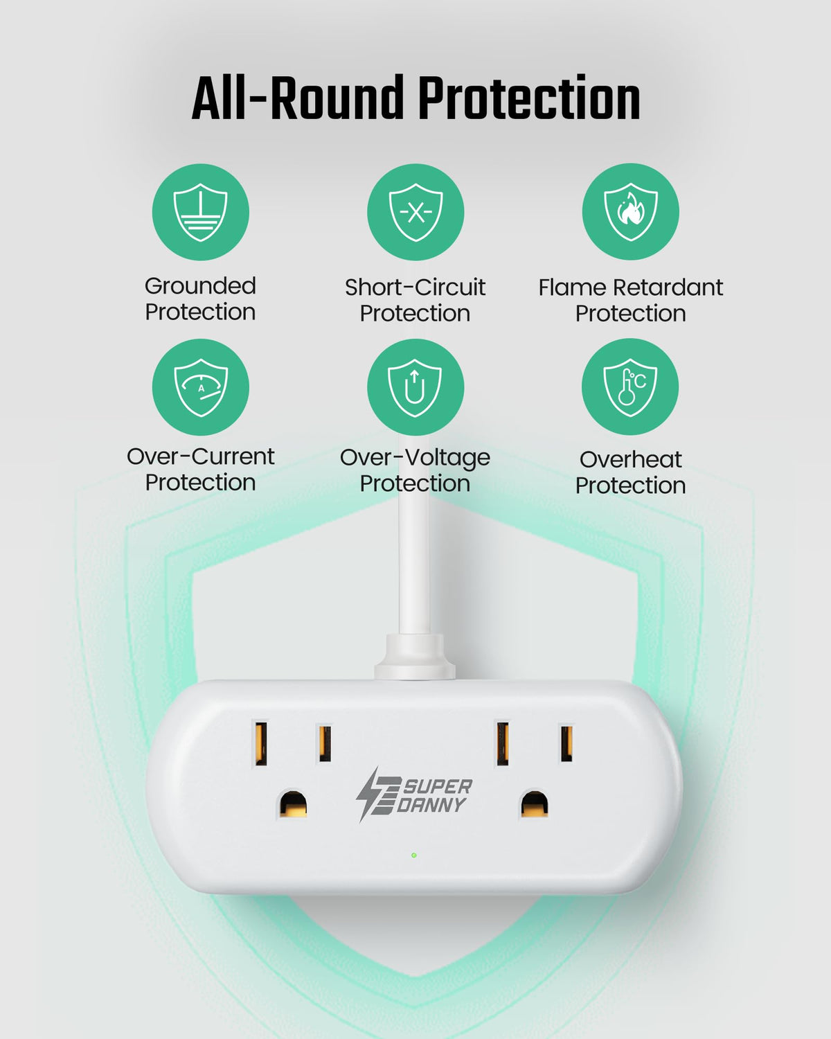 SUPERDANNY Mini Surge Protector, 2 Wide-Spaced Outlets Power Strip with USB