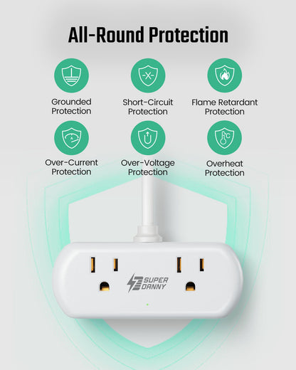 SUPERDANNY Mini Surge Protector, 2 Wide-Spaced Outlets Power Strip with USB