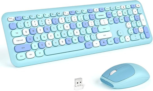 KNOWSQT Wireless Keyboard and Mouse Combo, Pale Blue Full-Sized 2.4G Silent Keycap Colorful Keyboards, USB Dongle Plug Play, Laptop, Windows, PC, Mac, Desktop