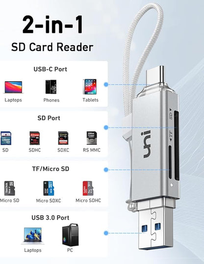 SD Card Reader, uni High-Speed USB C to Micro SD Card Adapter USB 3.0 Dual Slots, Memory Card Reader for SD/Micro SD/SDHC/SDXC/MMC, Compatible with MacBook Pro/Air, Chromebook, Android Galaxy - Silver