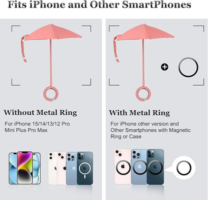 Magnetic Umbrella Phone Stand for Sun Protection,Adjustable Sun Shade Shield for iPhone 16/15/14/13/12 Pro Max,Samsung & Google,Detachable Ring Stand,Heat-Resistant Design,Car Mount Compatible, Pink