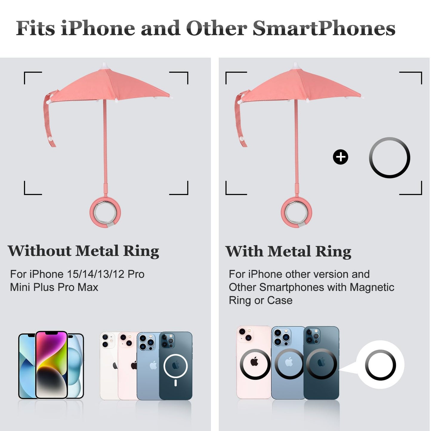Magnetic Umbrella Phone Stand for Sun Protection,Adjustable Sun Shade Shield for iPhone 16/15/14/13/12 Pro Max,Samsung & Google,Detachable Ring Stand,Heat-Resistant Design,Car Mount Compatible, Pink