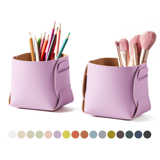 HOMIEAZICOZI 2-Pack Cork Leather Desk Accessories Storage - Pencil Pen Holder - Makeup Brush Holder Organizer - Stylish Addition to Home Decor (Light Green)