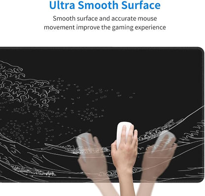 Japanese Sea Wave Large Mouse Pad, Anime Black Gaming, Extended Kanagawa Mat Desk Pad, 3mm Thick Long Non-Slip Rubber Base Mice Pad, 31.5 X 11.8 Inch