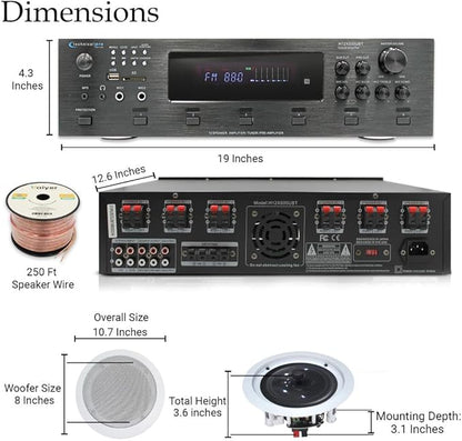 Home Theater System Kit - 6 Channel 6000 Watts Bluetooth Amplifier, 8 Qty of 8” Framed Ceiling Speakers 300 W Each, 16 AWG 500 ft Speaker Wire & Remote Ideal for Home, Office by Technical Pro