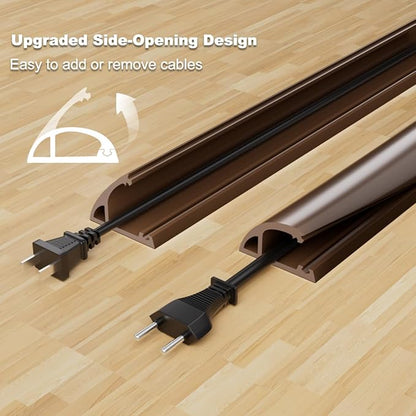 4FT Side-Open Extension Cord Covers for Wires on Floor,Silicone Power Cable Protector Cord Hider Management Strip,Hide Electric Wire on Carpet,Chord Runner Protective Safety Wiremold,Brown