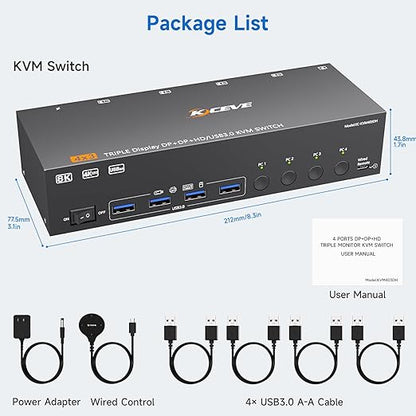HDMI+2 Displayport KVM Switch 3 Monitors 4 Computers 8K@60Hz 4K@144Hz,4 Port KVM Switches Triple Monitor Share 3 Display and 4 USB3.0 Ports Support Extended/Mirror Mode.