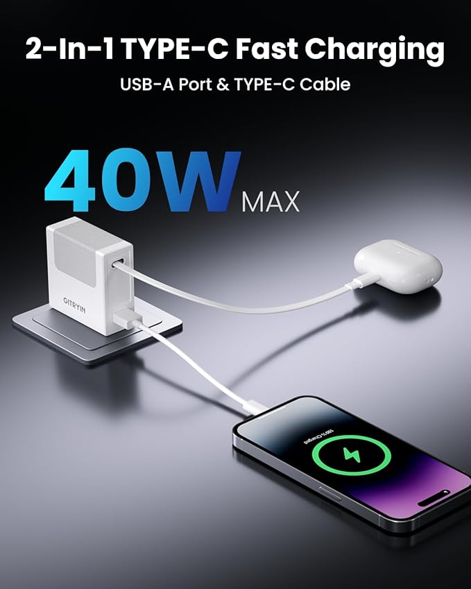 Gitryin 1 Type-C Retractable Wall Charger with USB A Port and 11-in-1 Desktop Charging Station with 3 Type-C Retractable Wall Chargers