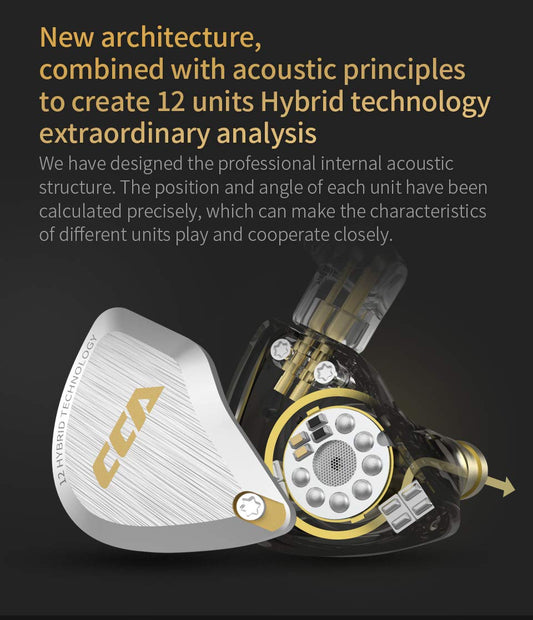 CCA C12 in Ear Monitor Headphones 5BA 1DD Hybrid HiFi Gaming IEM Earphones Noise Isolating Stereo Wired Earbuds for Musicians Audiophile Singers DJ（with mic）