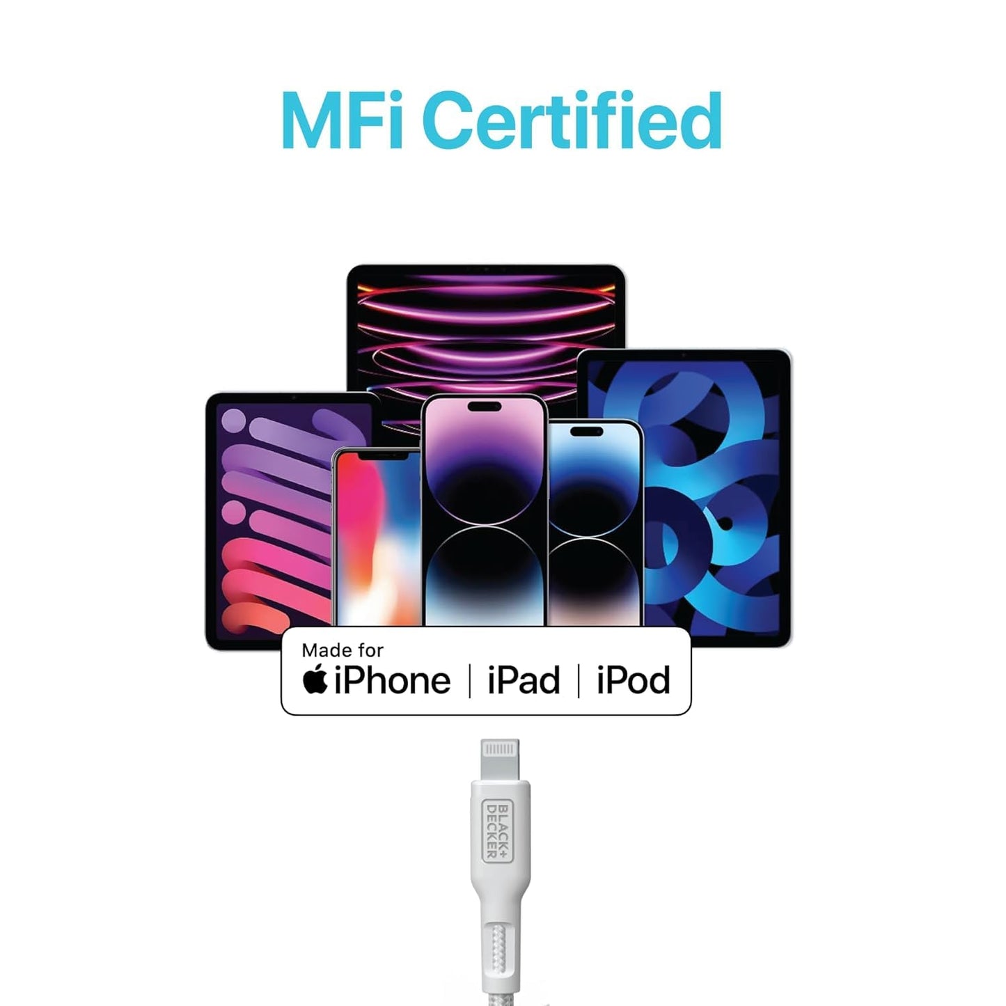 BLACK+DECKER USB C to Lightning Cable - Fast Compatible iPhone Lightning Cable - Durable Braided Type C iPhone Charger Cord - for Travel and Daily Use - Multiple Colors and Lengths - 9ft