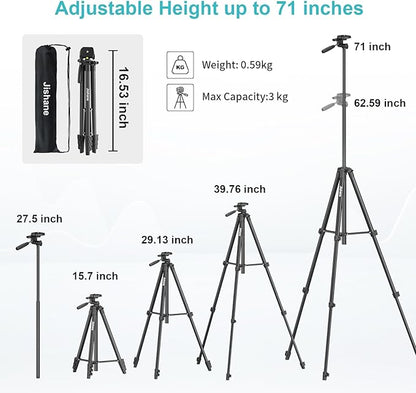 71" Camera Tripod, Versatile Cell Phone Tripod with Wireless Remote Phone Holder and Carry Bag, Lightweight Portable Camera Tripod Stand Compatible with Smartphone Cameras, Max Load 6.6 lbs