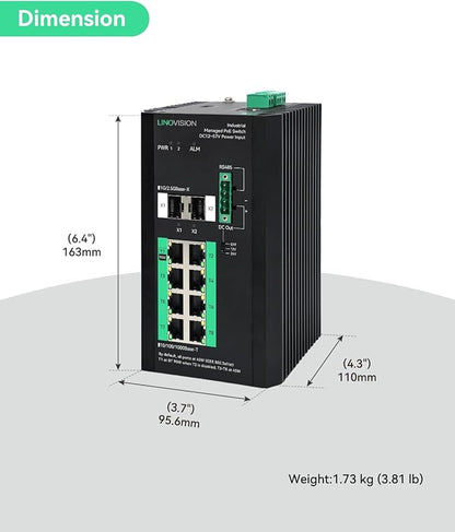 LINOVISION Industrial 8 Ports Gigabit Managed PoE Switch with DC12~57V Input, L2 Management, RS485 Serial Port, DC 12/24V Output, BT 90W Output