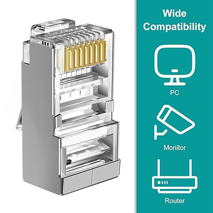 100-Pack Cat 6 Pass Through Shielded RJ45 Connectors with RJ45 Boots Cover (Cat6 Connector/ Cat5e Connector/Ethernet Ends/Cat 6 Ends/ RJ45 Modular Plugs) for Solid or Stranded STP Cable