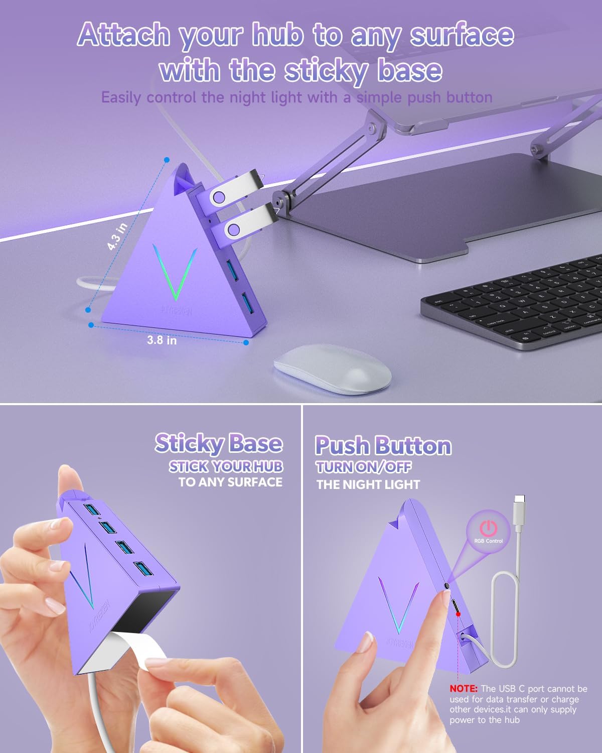 JoyReken USB C Hub, USB Type C to 4-Port USB 3.0 Adapter for MacBook, Surface, Laptop, Flash Drive, Mouse, Keyboard, HDD (2ft, Light Purple)