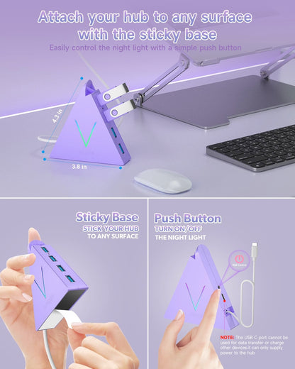 JoyReken USB C Hub, USB Type C to 4-Port USB 3.0 Adapter for MacBook, Surface, Laptop, Flash Drive, Mouse, Keyboard, HDD (2ft, Light Purple)