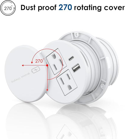 Recessed Power Grommet 3-inch Hole, 15W Wireless Charger, 20W USB C Fast Charging Station,2 AC Plug, Flush Mount Countertop Outlet, Workspace Essential Desk Hole Cover for Cables White
