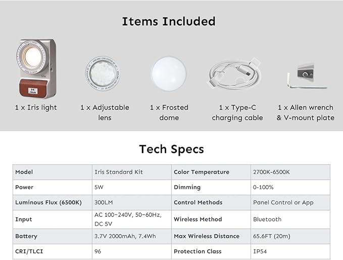 Harlowe Iris Content Creator Lighting Kit Portable 5W Bi-Color Camera Light 2700K-6500K Dimmable CRI/TLCI 96+, IP54, App Control LED Light for Photography and Video Recording, Standard Kit