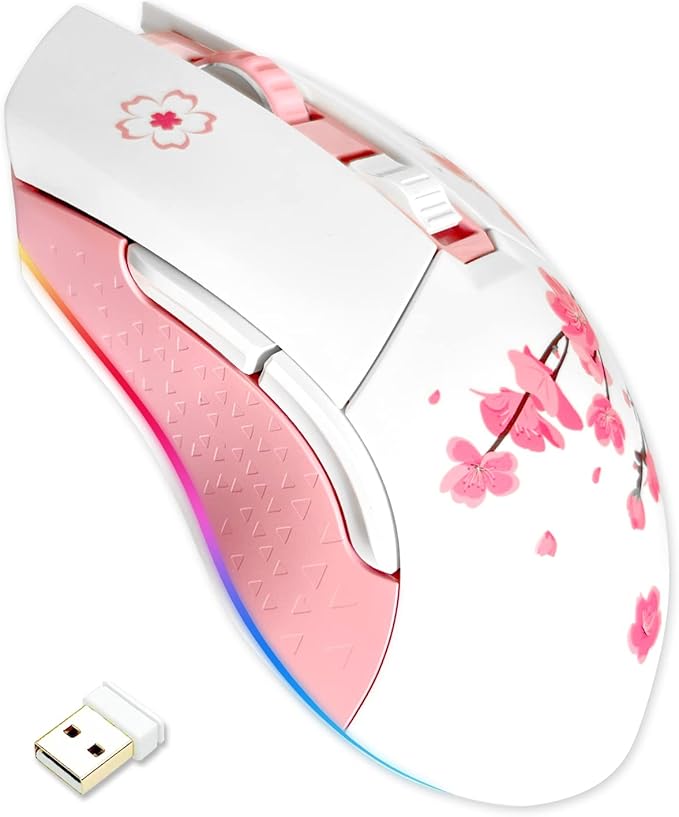 DAREU Sakura Pink Wireless Wired Gaming Mouse, Dual-Mode Rechargeable 6 Programmable Buttons,10K DPI,RGB and 7 Adjustable DPI Levels up to [150IPS] [1000Hz Polling Rate] for PC Notebook Mac
