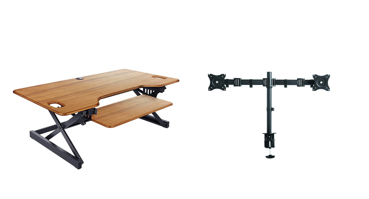 Rocelco 32" Height Adjustable Standing Desk Converter - Sit Stand Computer Workstation Riser - Dual Monitor Retractable Keyboard Tray Gas Spring Assist - Black (R EADRB2)