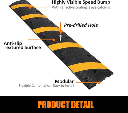 Heavy Duty Speed Bumps for Driveway, 6 ft 2 Pack Rubber Speed Bumps, 2 Channel Modular Traffic Speed Bump Hump Cable Protector Ramps for Asphalt Concrete Gravel Driveway Road with 8 Bolt Spikes