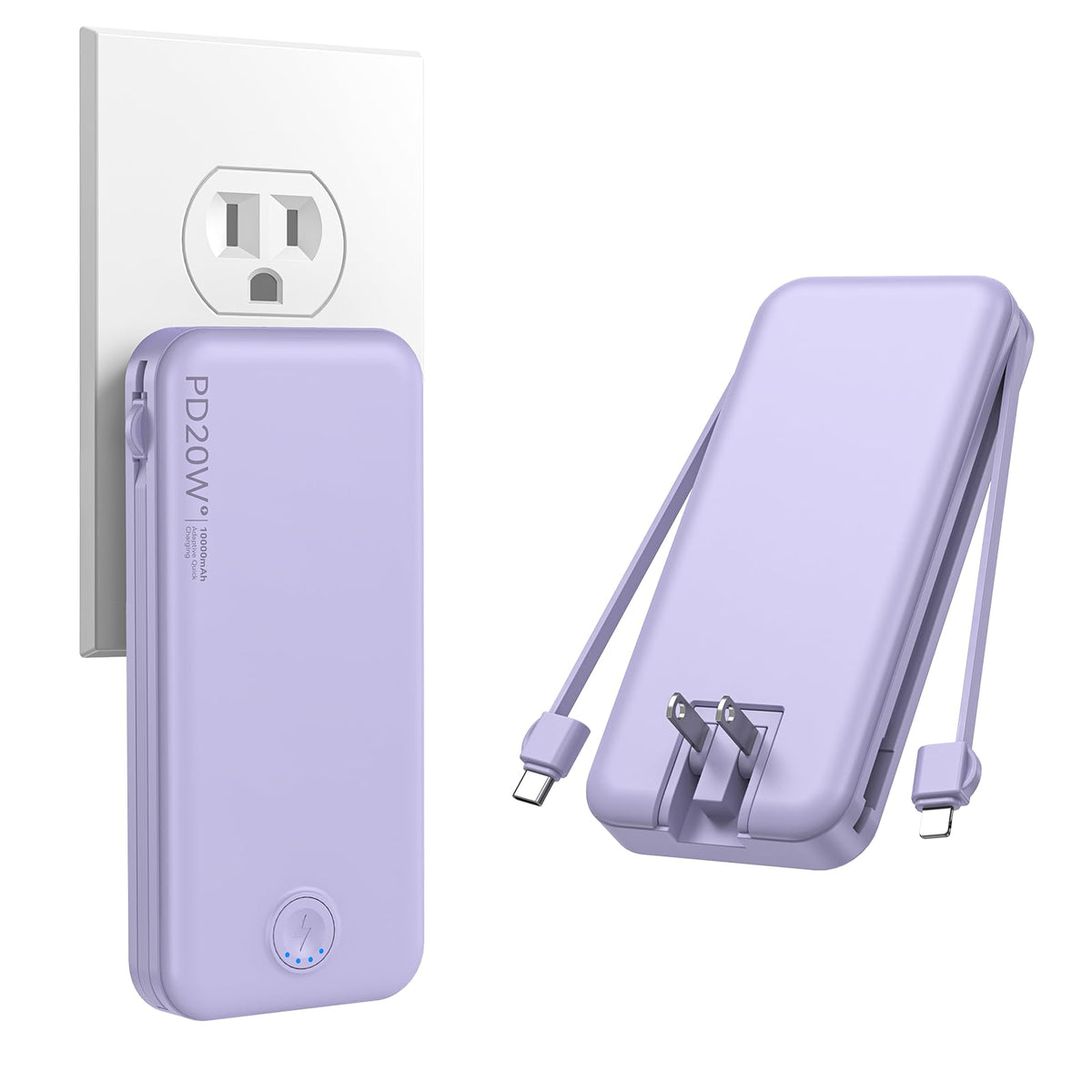 Nusyddy Portable Charger 10000mAh Fast Charging w/Built-in Wall Plug White