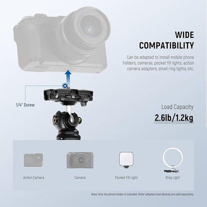 NEEWER TP38 Phone Camera Tripod, 15" Extendable Selfie Stick Metal Stand with Phone Holder, Action Camera Adapter Compatible with Hero 12 11 10 9, 360° Ball Head Travel Tripod for Vlogging