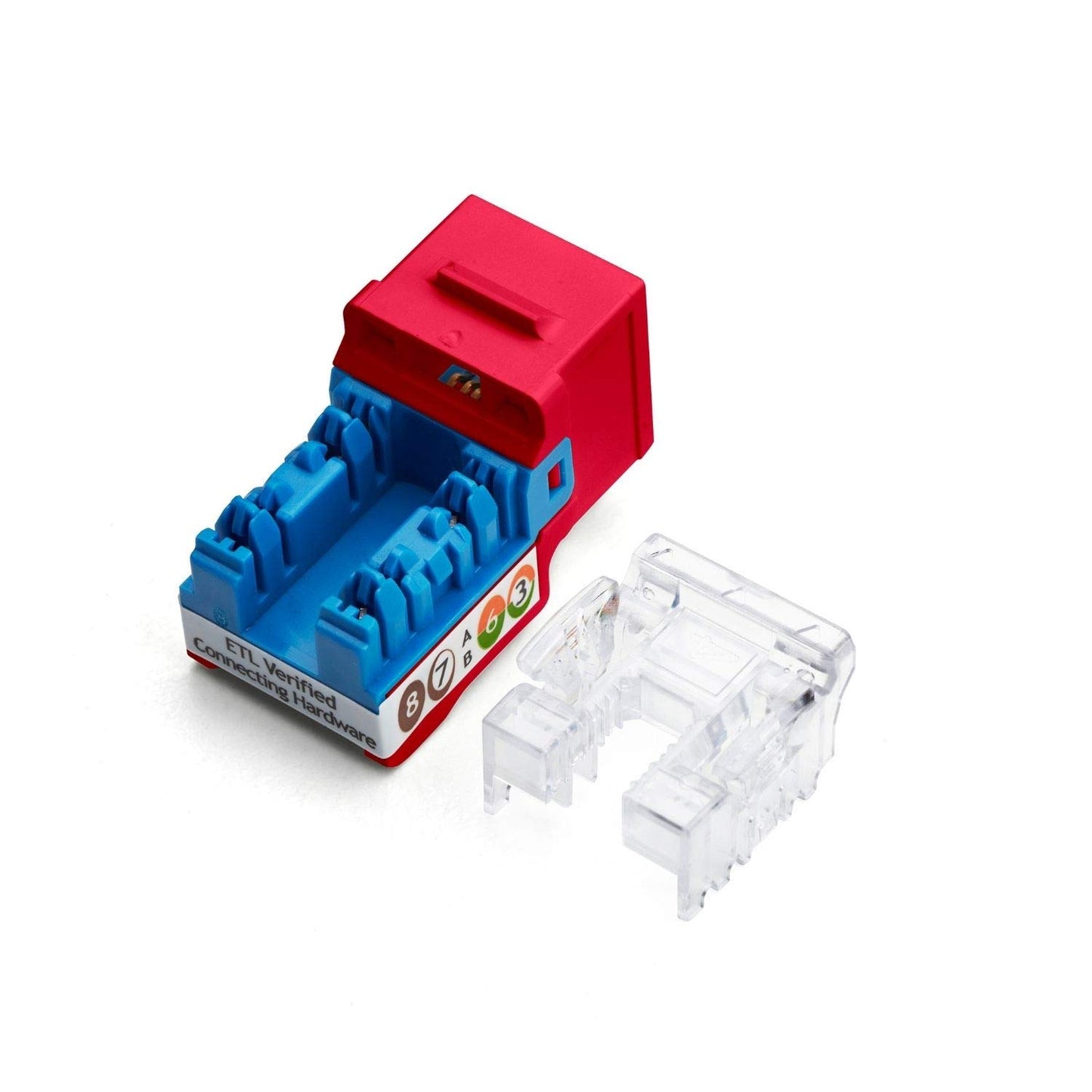 TRUE CABLE Cat5e Keystone Jack, Unshielded (UTP), 90 Degree Punch-Down, PoE++ (4PPoE) 100W, UL Listed, ETL Verified, ANSI/TIA Certified, Modular RJ45 Female, Red, 48 Pack
