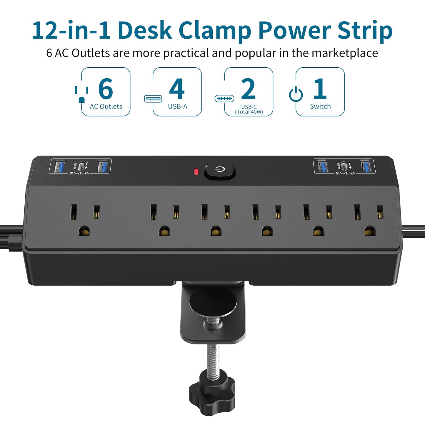 Desk Clamp Power Strip 2 USB C Desktop Mount Outlet Charging Station, 10FT Extension Cord Flat Plug with 6 AC, Removable 40W Fast Charging Surge Protector Power Strip Fits 1.8" Office Tabletop Edge