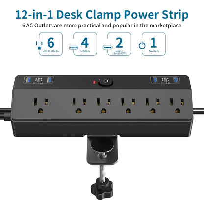 Desk Clamp Power Strip 2 USB C Desktop Mount Outlet Charging Station, 10FT Extension Cord Flat Plug with 6 AC, Removable 40W Fast Charging Surge Protector Power Strip Fits 1.8" Office Tabletop Edge