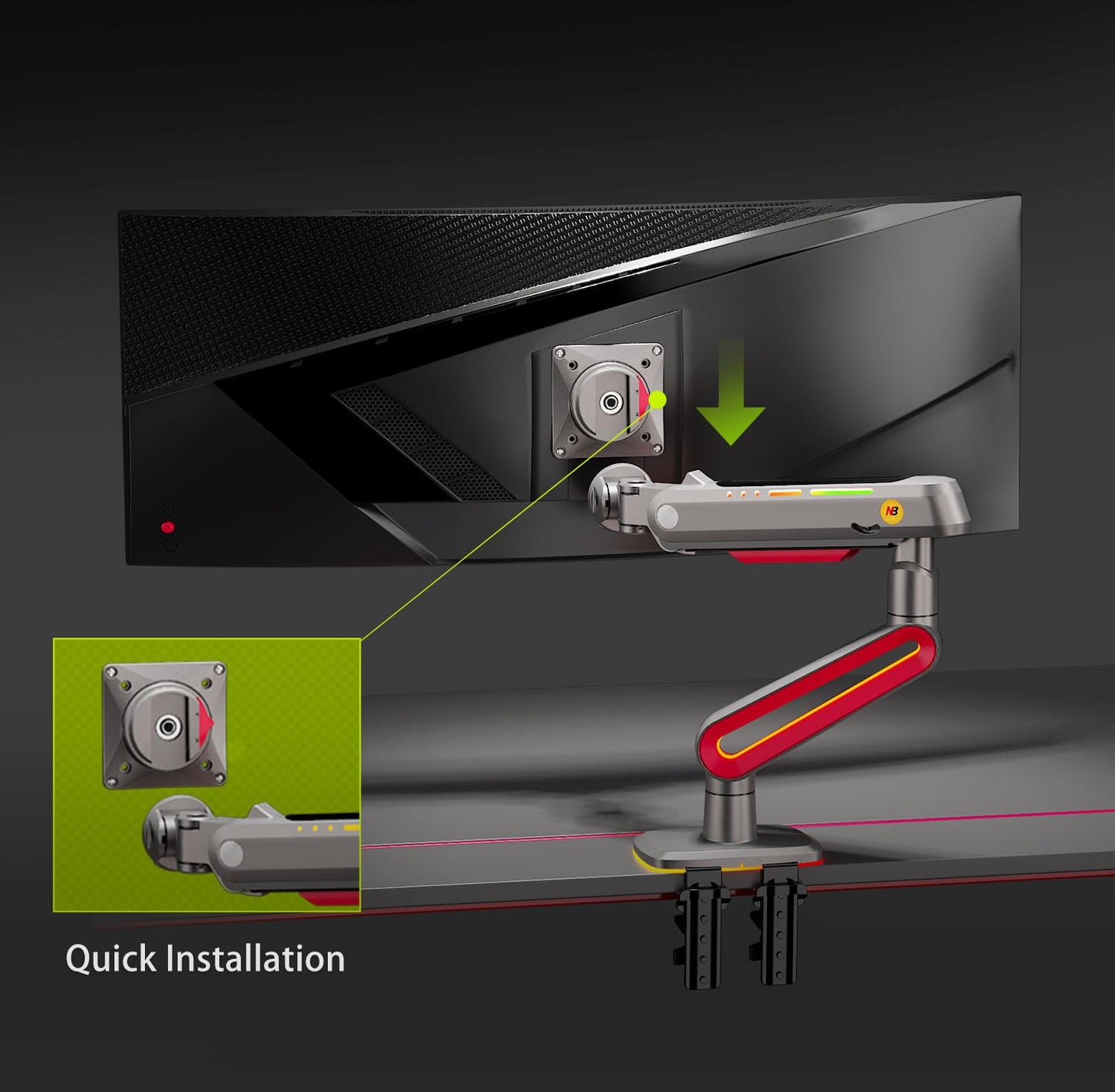 NB Designer Gaming Monitor Arm for 32 to 60 Inches Screen, Load up to 20 kg, VESA 75/100, RGB-Light, Heavy Duty, Multi Angle Adjustable, Premium Aluminum, Long Arm Extension Red