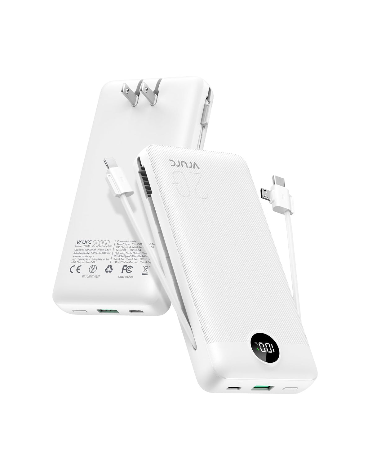 VRURC Power Bank 20000mAh, Fast Charging Portable Charger USB C,4 Output 2 Input Travel Essentials Charging Bank Equipped with LED Display,Built-in Wall Plug and Cables,Phone Charger Battery,White