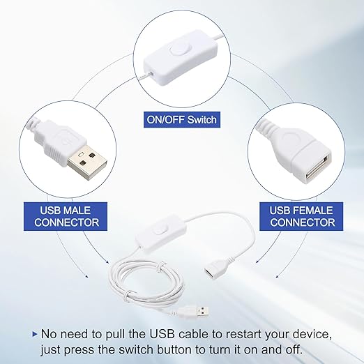 MECCANIXITY USB Extension Cable with ON/Off Toggle Switch 2m USB Male to Female Extension Cord for Desk Lamp Fan LED Light Strip White Pack of 2