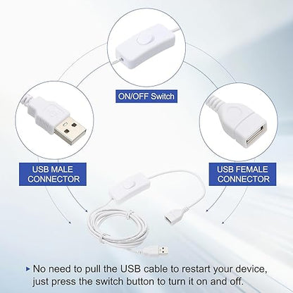 MECCANIXITY USB Extension Cable with ON/Off Toggle Switch 2m USB Male to Female Extension Cord for Desk Lamp Fan LED Light Strip White Pack of 1
