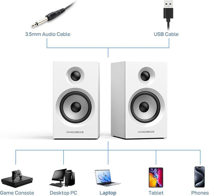 BT16 Active Bookshelf Speakers 3.5" Woofer with 1" Tweeter, 60W RMS-Bluetooth 5.3, Built-in 24bit DAC USB Dynamic 3D 2.0 Surround Sound, Computer Gaming PC Speakers - White