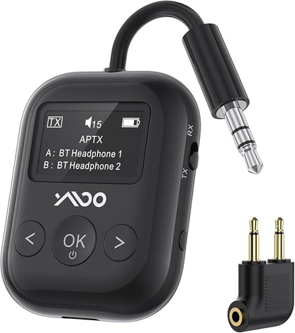 YMOO Bluetooth 5.4 Transmitter Receiver for Airplane, Wireless Bluetooth Adapter Travel Essentials, Supports to 2 Headphones, 25H Playtime, 2-in-1 Adapter with LED Display for TVs Gym Car Home