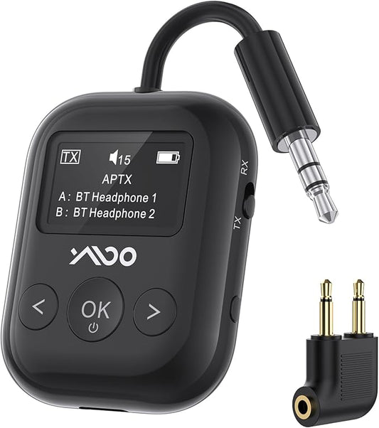 YMOO Bluetooth 5.4 Transmitter Receiver for Airplane, Bluetooth Adapter Supports 2 Headphones/Speakers with aptX Low Latency, 3.5mm Aux Wireless Audio Adapter with Screen for Flight Gym Home Travel