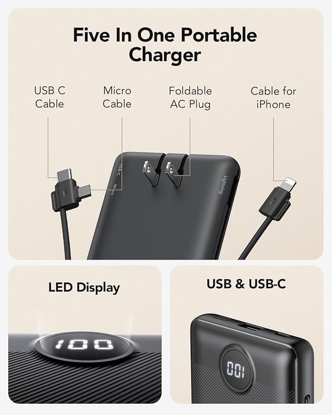 VRURC Portable Charger Built-in Cables and AC Wall Plug, USB C Power Bank 10000mAh, Travel Essentials Phone Charger Compact Lightweight External Battery Pack for Smart Phones, Tablets-Pure Black