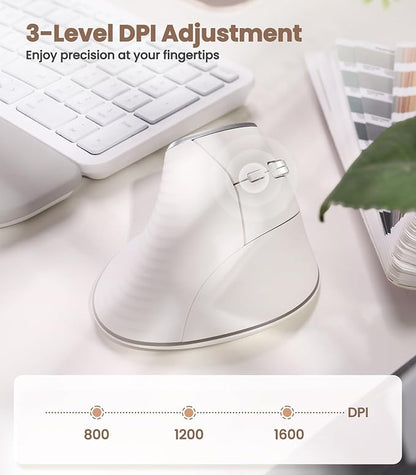 Nulea M510 Vertical Mouse Wireless, Ergonomic Mouse for Comfy Tracking, 3 Adjustable DPI (800-1200-1600), 2.4G Wireless Vertical Mouse with 6 Buttons, Compatible with Windows, Mac OS, Laptop, White