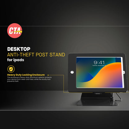 CTA Digital Desktop Anti-Theft Stand – Kiosk Stand with Stylus, Tether, and Aluminum Enclosure for iPad 11th Gen A16 11” - 10th Gen 10.9” - Air 4th & 5th Gen - 11” Pro & More - Black (PAD-DASB109)