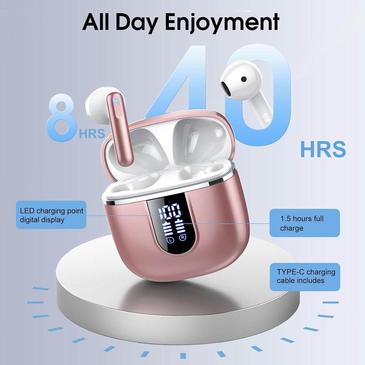 Wireless Earbuds, Bluetooth 5.4 Headphones in Ear Buds, HiFi Stereo Wireless Earphones with 4 ENC Noise Cancelling Mics, 40H Wireless Headphones with IP7 Waterproof, Dual LED Display USB C, Rose Gold