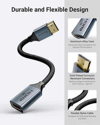 8K Short HDMI Extender Cable 0.6 FT Ideal for Tight Spaces, HDMI Extension Male to Female Adapter, Compatible with Roku TV Stick, HDTV, Game Console, Laptop (2 Pack, 0.6FT)
